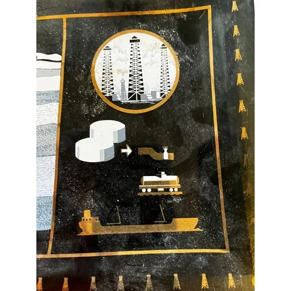 Vintage 1950s MCM Oil Drill Rig souvenir black gold glass tray South Bend In